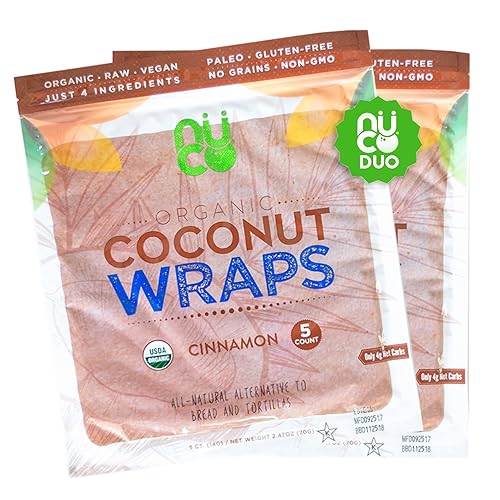 NUCO Todo natural, orgánico certificado, paleo, sin gluten, vegano sin OMG, Kosher Raw Veggie Coconut Wraps sabor canela. Sin sal añadida, bajo en