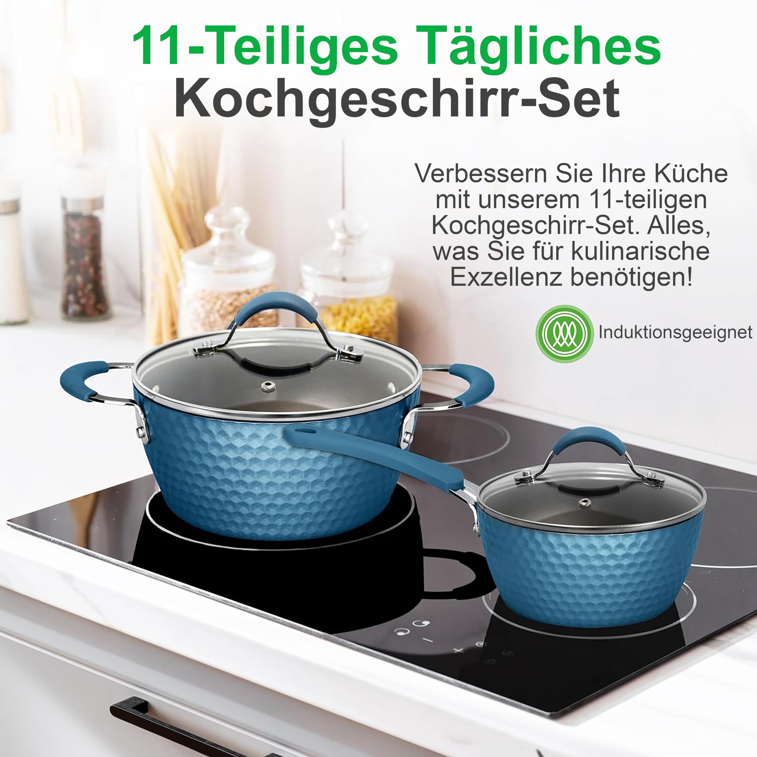NutriChef Töpfe & Pfannen, 11 Teiliges- Topf und Pfannenset, Inkl. Küchenlöffel, Keramik Antihaftbeschichtet, Für alle Herdarten inkl. Induktion, Ideal für Familien & Single-Haushalte