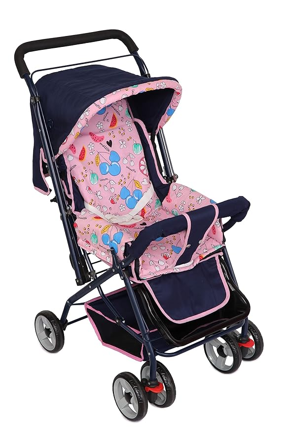 Dyna Pram With 3 position Seat | Reversible handle Stroller | Lockable swivel wheels with suspension | Shoping Basket ( Pink )