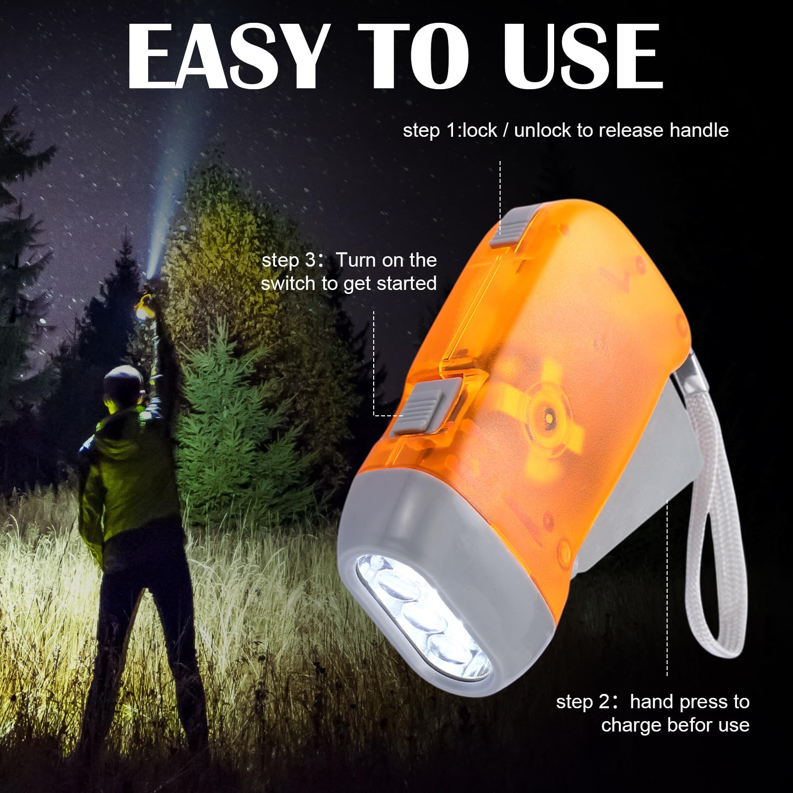 Leelosp Handkurbel-Taschenlampe, keine Batterie erforderlich, gekröpfte Taschenlampe, manuelles Drücken, 3 LEDs, Quetschlicht für Camping, Wandern, Stromausfall, Geschenk (Rot, Blau, Lila, Orange)