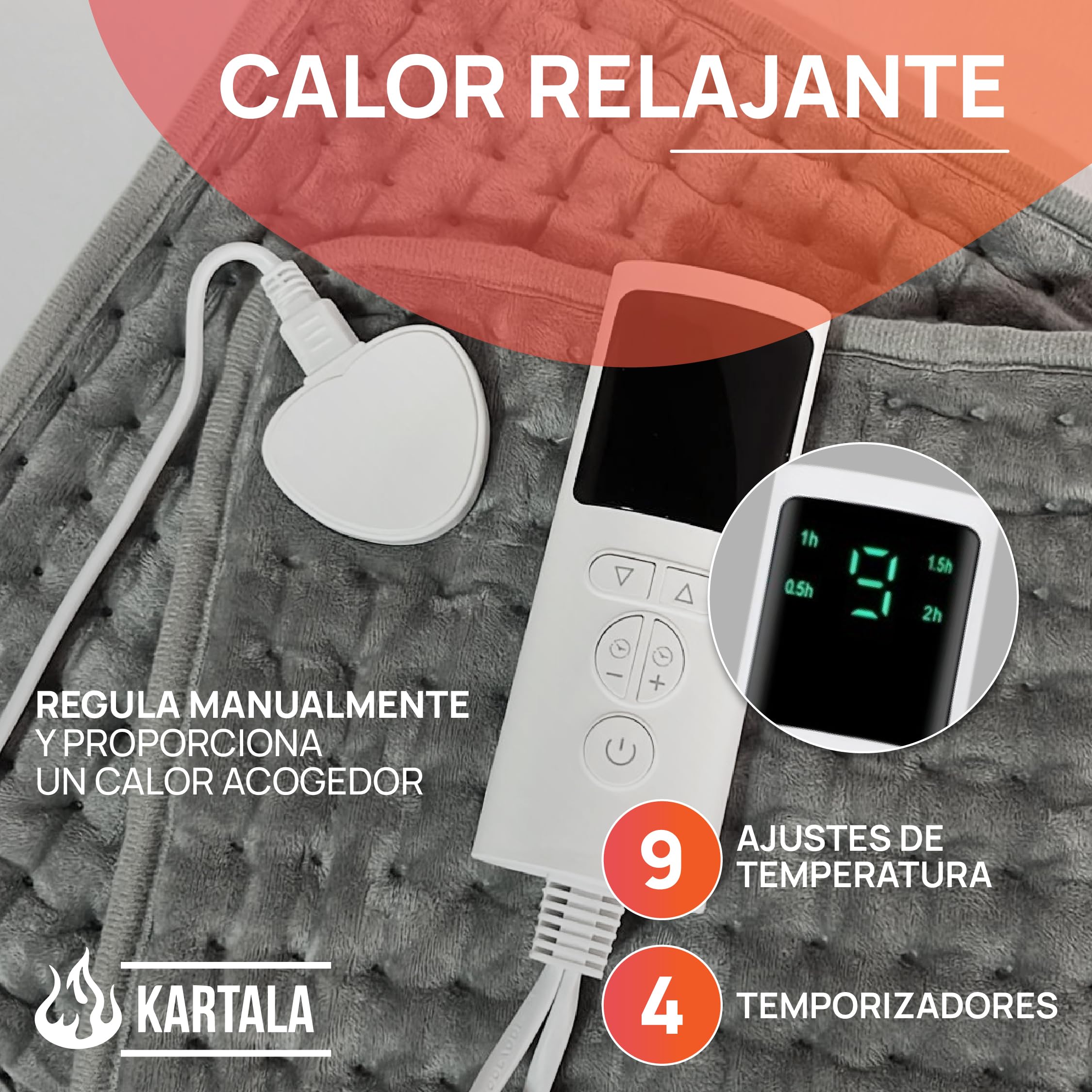 Super Pack Manta Térmica Lumbar Kartala 30×60 cm con Bolsa | Manta Eléctrica para Cuello, Espalda y Zona Lumbar | 9 Temperaturas, 4 Temporizadores | Lavable y Portátil