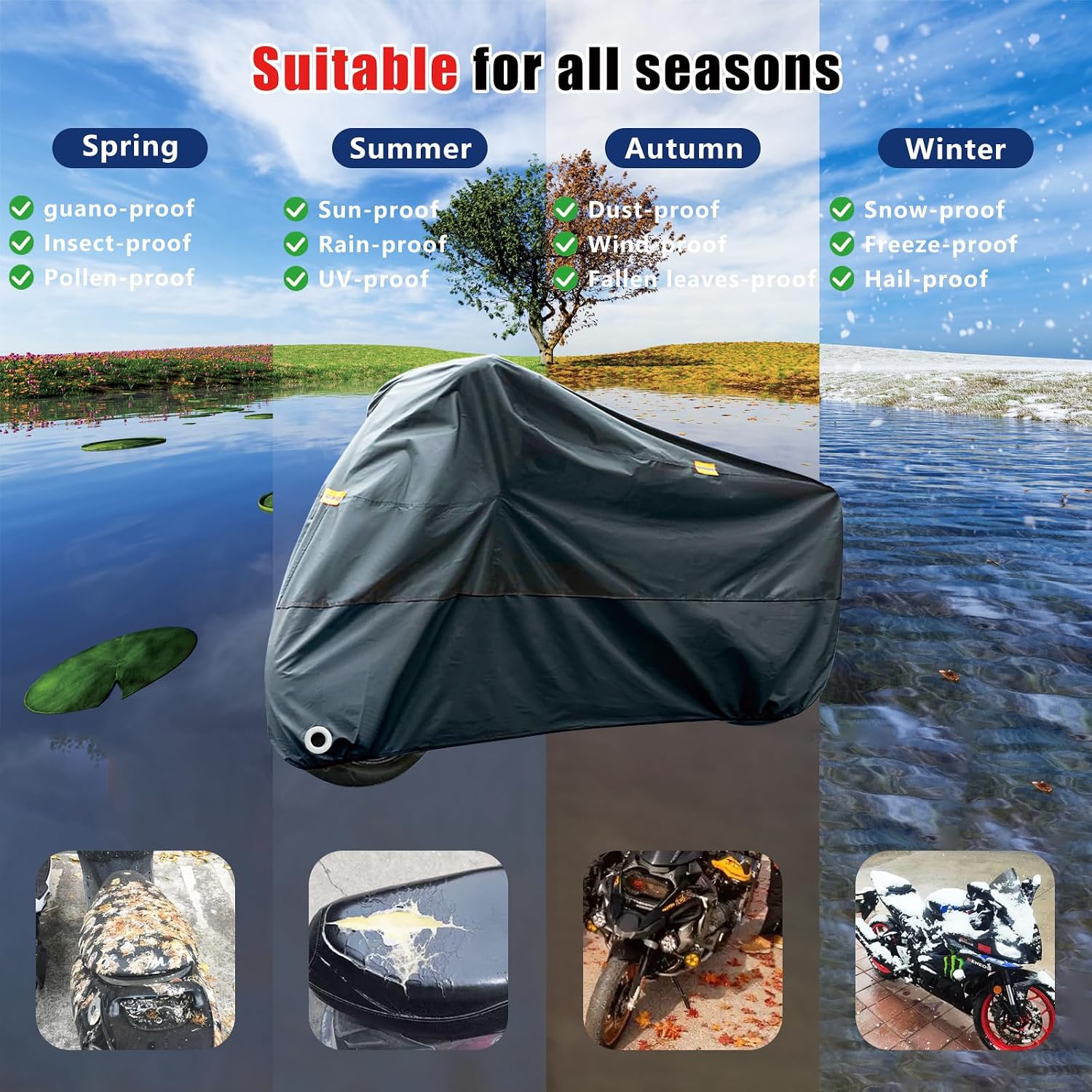 Motorcycle Cover Season Universal Oxford Fabric with Lock-Hole Waterproof Durable UV with Storage Bag & Protective Reflective Strip Fits up to 96" Cruiser, Touring, Sportbike, Dirt Bike