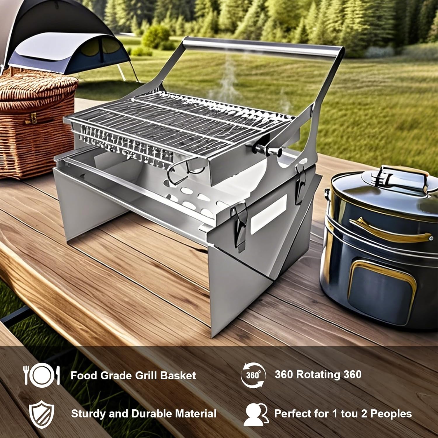 360° Rotating Charcoal Grills Stainless Steel Flipping Barbecue Grill Portable Camping Charcoal BBQ Grill with Foldable Legs for Outdoor Patio Backyard, Multi-functional Camping Grill