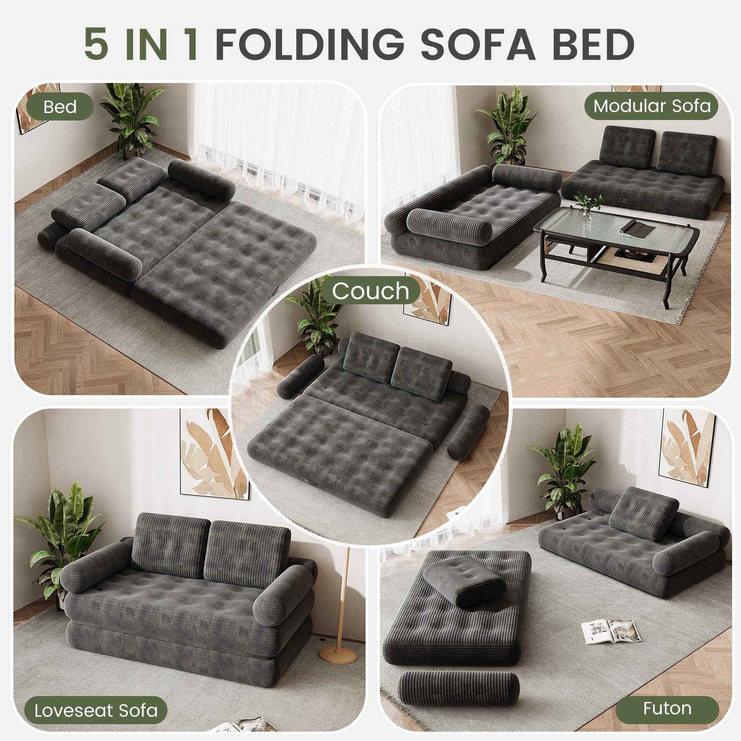 59" Convertible Sofa Bed, 5-in-1 Folding Sleeper Chair - Grey, Full | Loveseat Fold Out Boneless Couch Futon Floor Mattress Lounge with Pillows Removable Armrests for Dorm Apartment Living Room