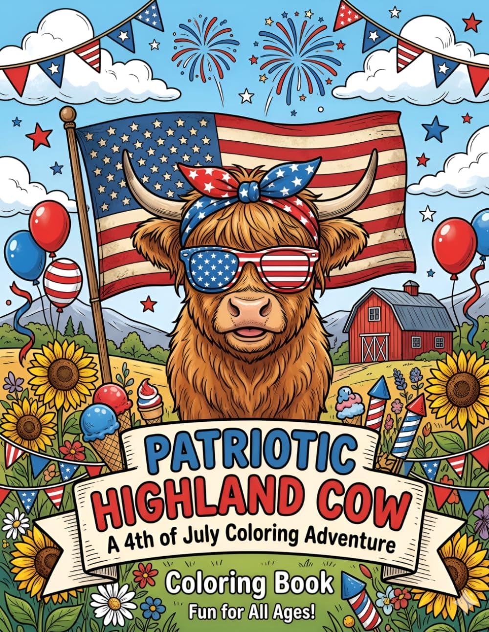 Patriotic Highland Cows Coloring Book: Cute 4th of July, Americana & Farm-Themed Coloring Pages for Kids, Teens and Adults Featuring Highland Cows, Flags, Fireworks, Sunflowers and Country Scenes