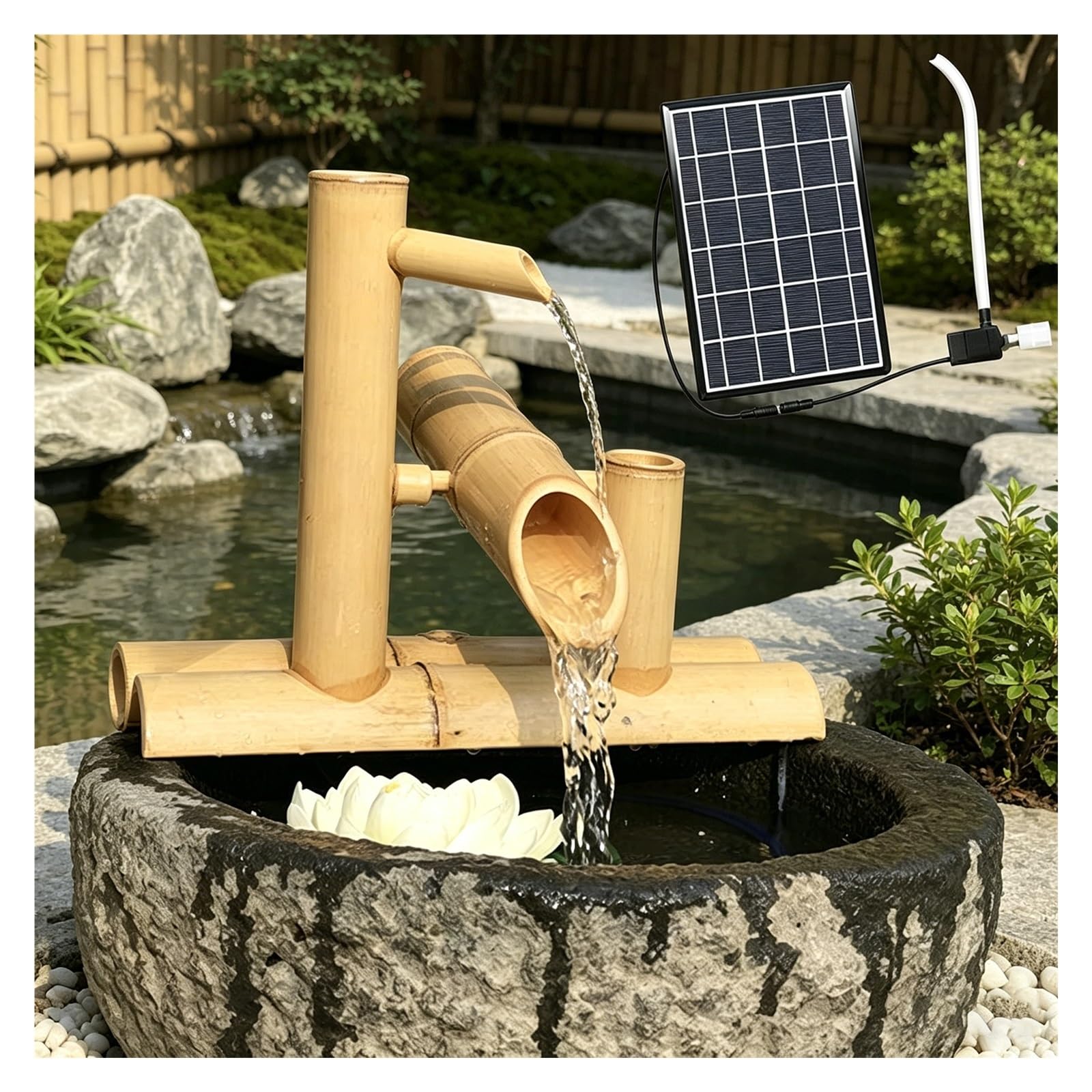 Fontana dell'acqua del bambù alimentata a energia solare, Decorazione del giardino Zen a roccia artigianale, caratteristica dell'acqua interna esterna ecologica con pompa, flusso calmante per il balco
