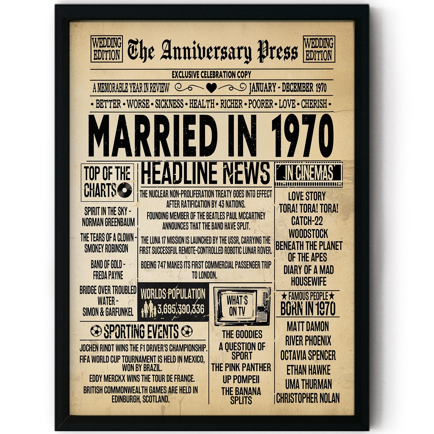 Stuff4 Men's 1970 56Th Anniversary Poster Framed - Married In Newspaper - 56 Wedding Anniversary For Wo Retro Vintage Gifts Back In 8X10 Inch Anniversaries Posters
