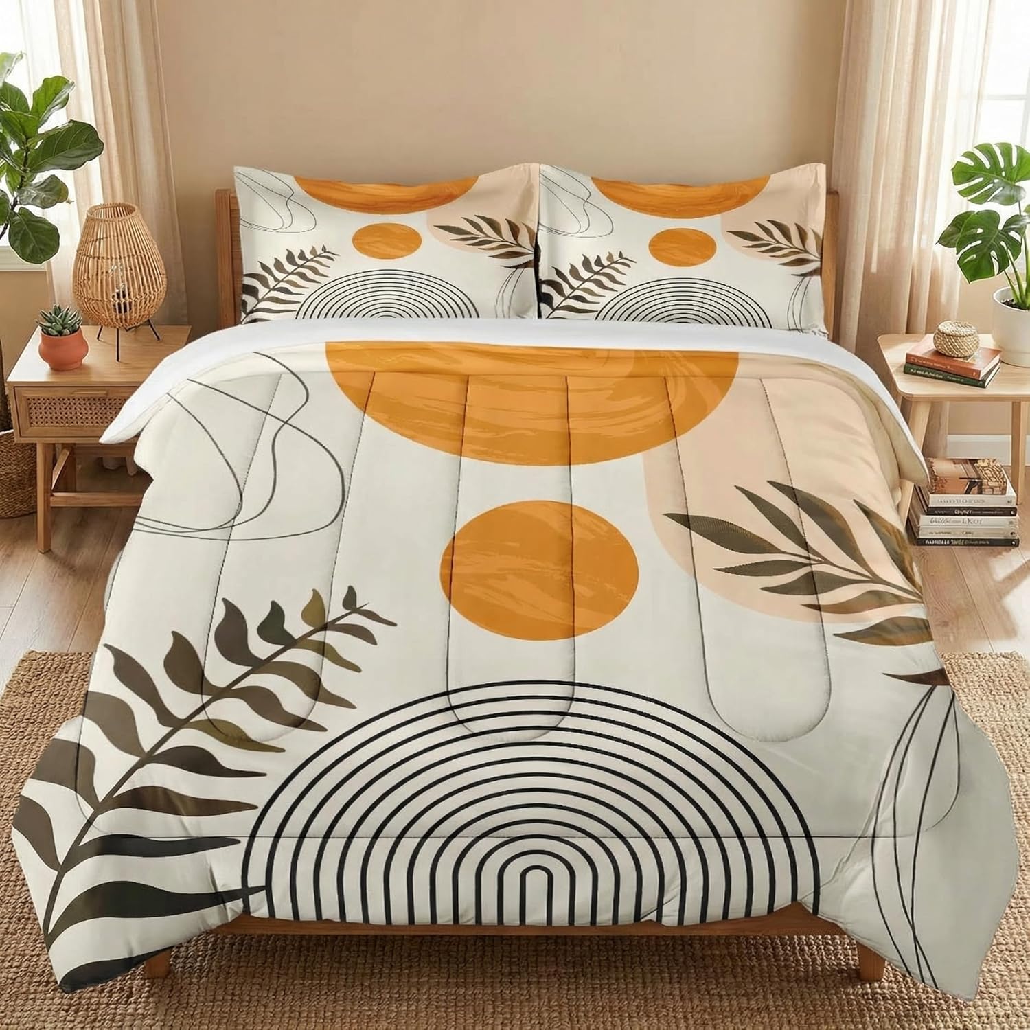 Queen Size Comforter Set with 2 Pillowcases, Boho Rainbow Sun Geometric 3 Pcs Bedding for Kids and Adults, Contemporary Mid Century Soft Comforter Set for Bedroom Bed Decor