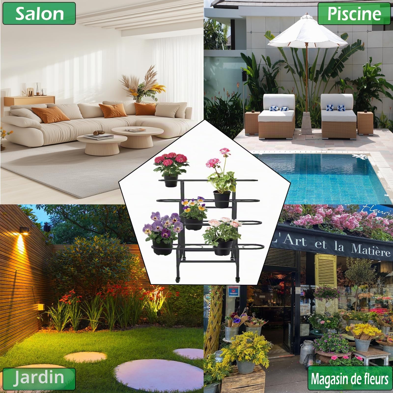 uyoyous Support de Plantes à 4 Étages, Support pour Plantes en Métal Étagère à Fleurs d'Intérieur et d'Extérieur avec Roulettes pour Balcon, Jardin, Salon, Ne comprend pas les 16 pots de fleurs, Noir
