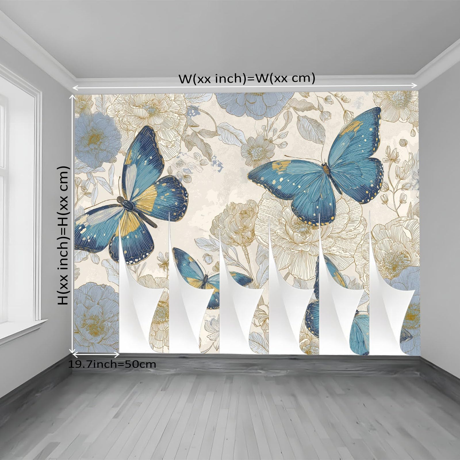 Tapeta panoramiczna 400 x 280 cm, retro motyl kwiaty tapeta z motywem do zabaw i żłobka, niebieska