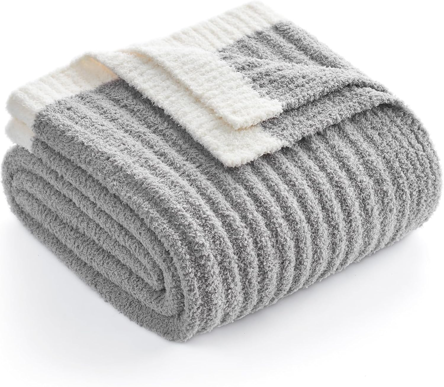 Snuggle Sac Soft Ribbed Throw Blanket for Couch, Microfiber Fluffy Knit Throws, Luxurious Fuzzy Blankets for Couch, Sofa, Travel, Grey, 50x60 inches