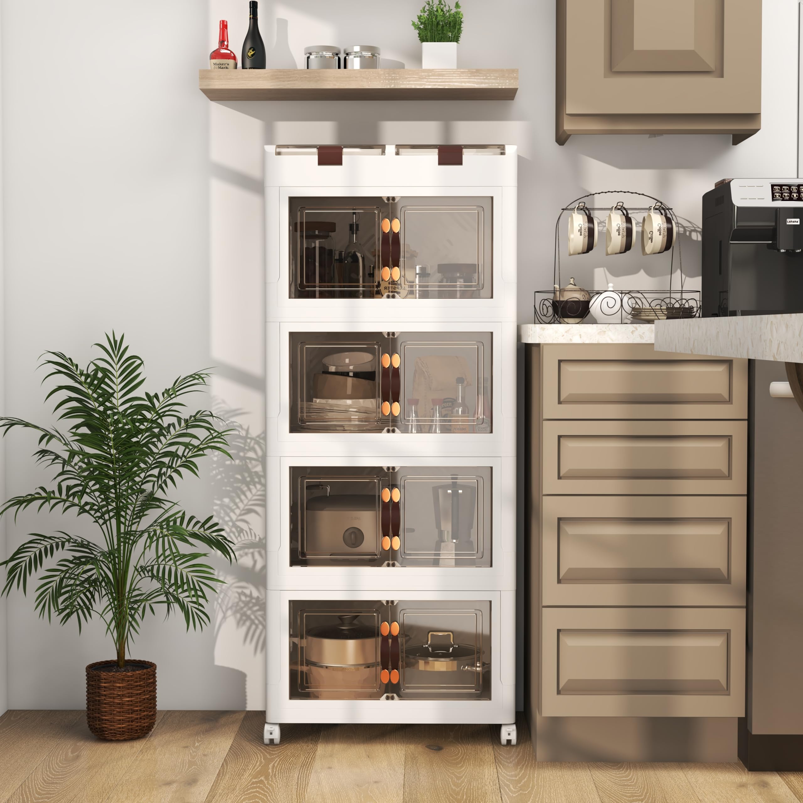 KOMFOTTEU Caja de Almacenamiento Apilable, Contenedor Plegable con Tapas y Ruedas, Caja Organizadora de Plástico Transparente, para Dormitorio, Sala de Estar, 54,5 x 34,5 x 132 cm (4 Niveles)