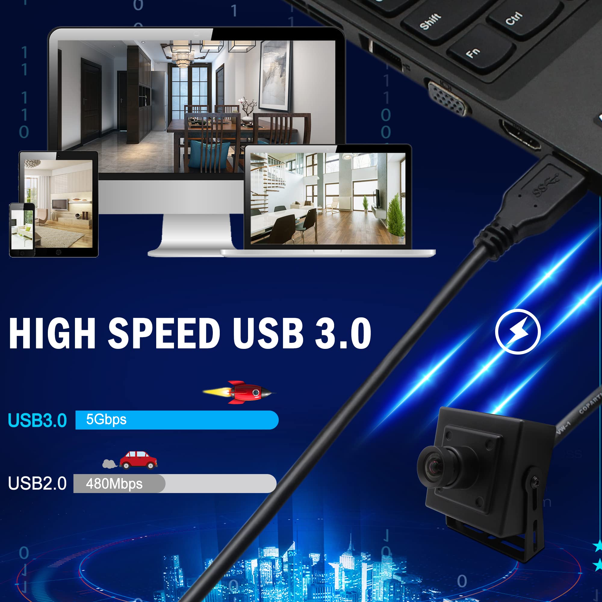 ELP Cámara web USB 3.0 de 2 MP, sensor IMX291, 1080P a 50 fps, lente de 100°, Plug & Play, compatible con Windows/Android/Linux/MacOS