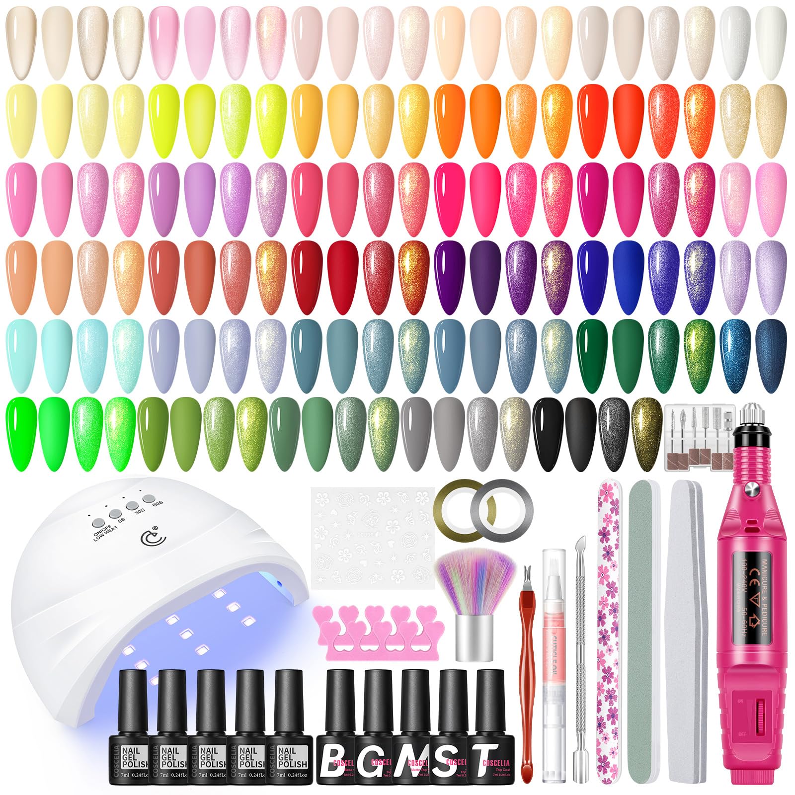 COSCELIA Kit Uñas de Gel,35 Pcs Esmalte Semipermanente Gel Uñas con Lámpara de Uñas,Removedor Esmalte de Uñas Herramienta,5Pcs Base Top Coat Brillante y Mate Kit Manicura Semipermanente