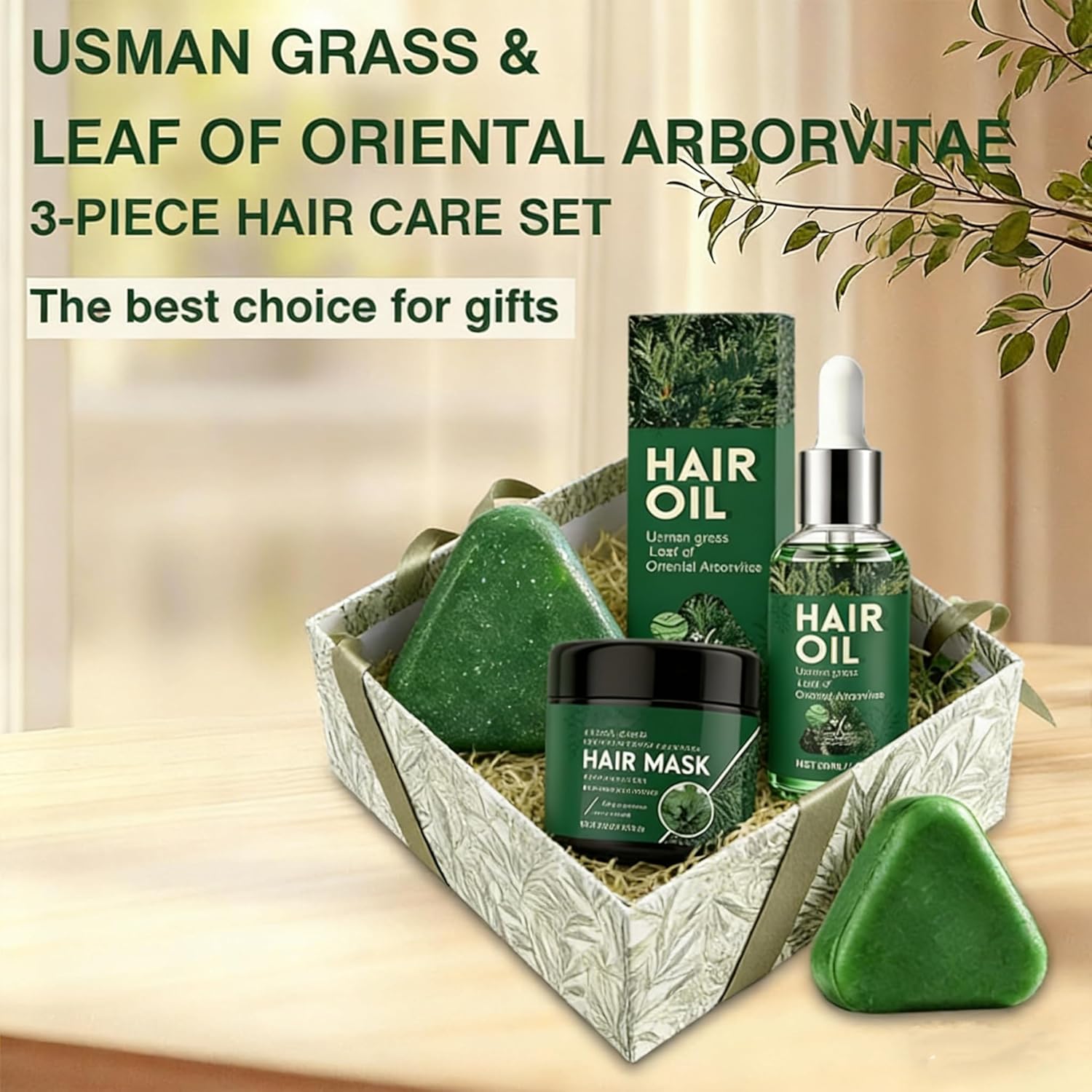 Usman Grass Hair Treatment Hair Care Set, Hair Oil, Shampoo Bar and Hair mask Set - Helps Restore Shine and Hydration, Reducing Thinning Hair Loss with Leaf Of Oriental Arborvitae - Image 3