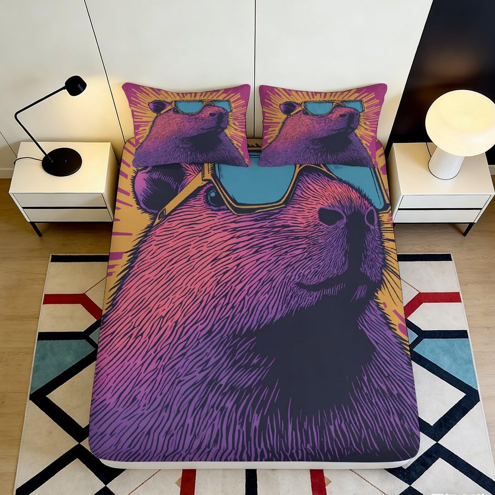 3D Printed Cool Bear Fitted Sheet Microfiber Vibrant Purple Sunglasses Bed Cover for Bedroom Dorm Mattress Decoration 90x200x25cm