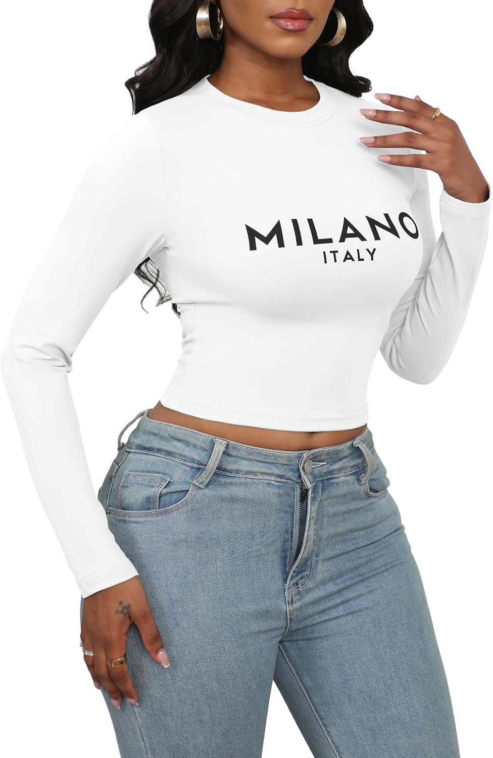 LovelyWholesale Women Graphic Long Sleeve Shirts Cute Going Out Fitted Crop Tops - Image 6