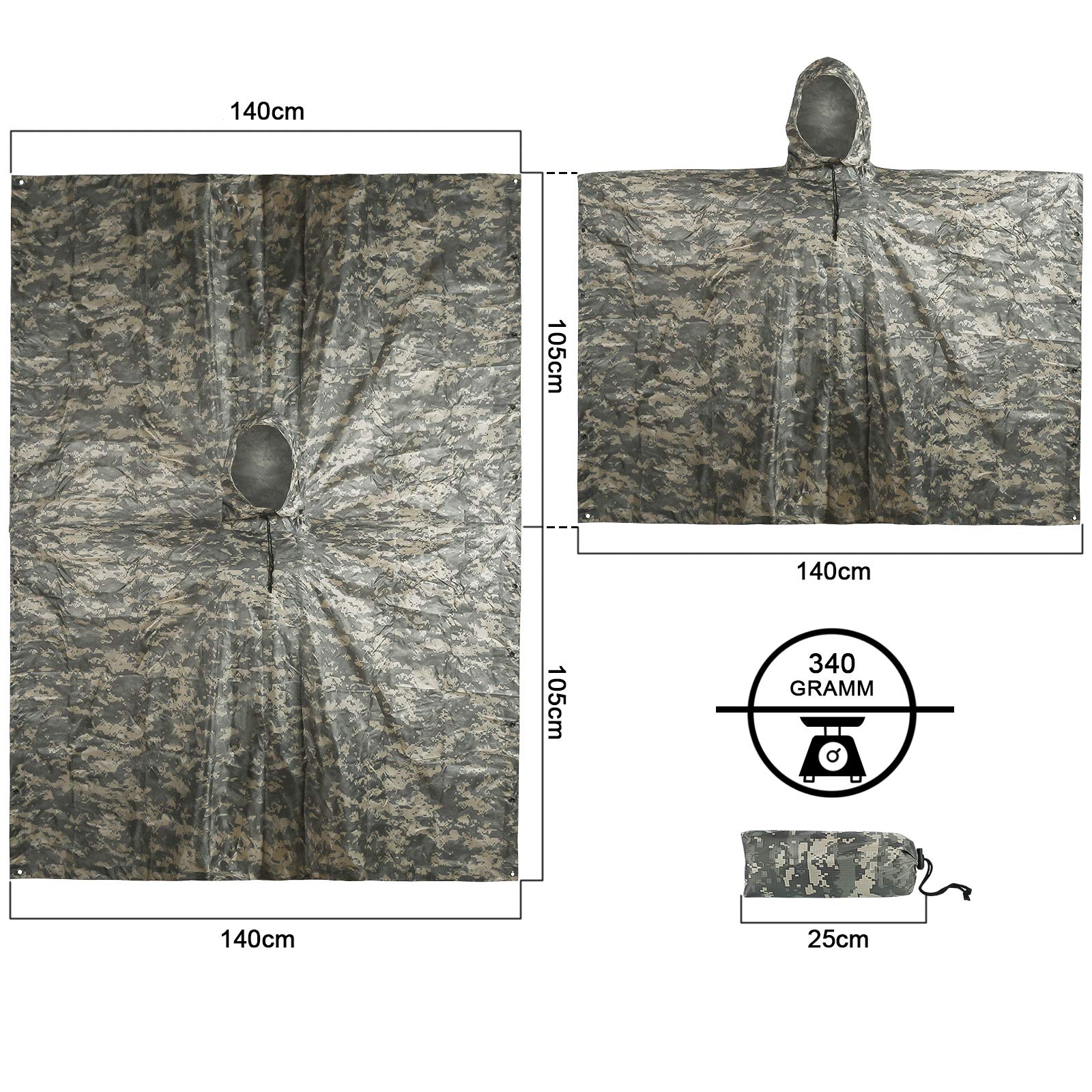 LOOGU Poncho de pluie léger et imperméable avec capuche - Design camouflage - Manteau de pluie multi-usages pour hommes et femmes - pour le camping, la pêche, la chasse et les événements