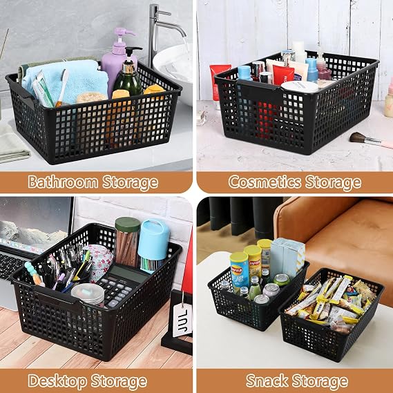 4-Pack Plastic Rectangular Storage Baskets, Kitchen Cupboard Organiser Basket, Storage Basket for Shelves(Black)