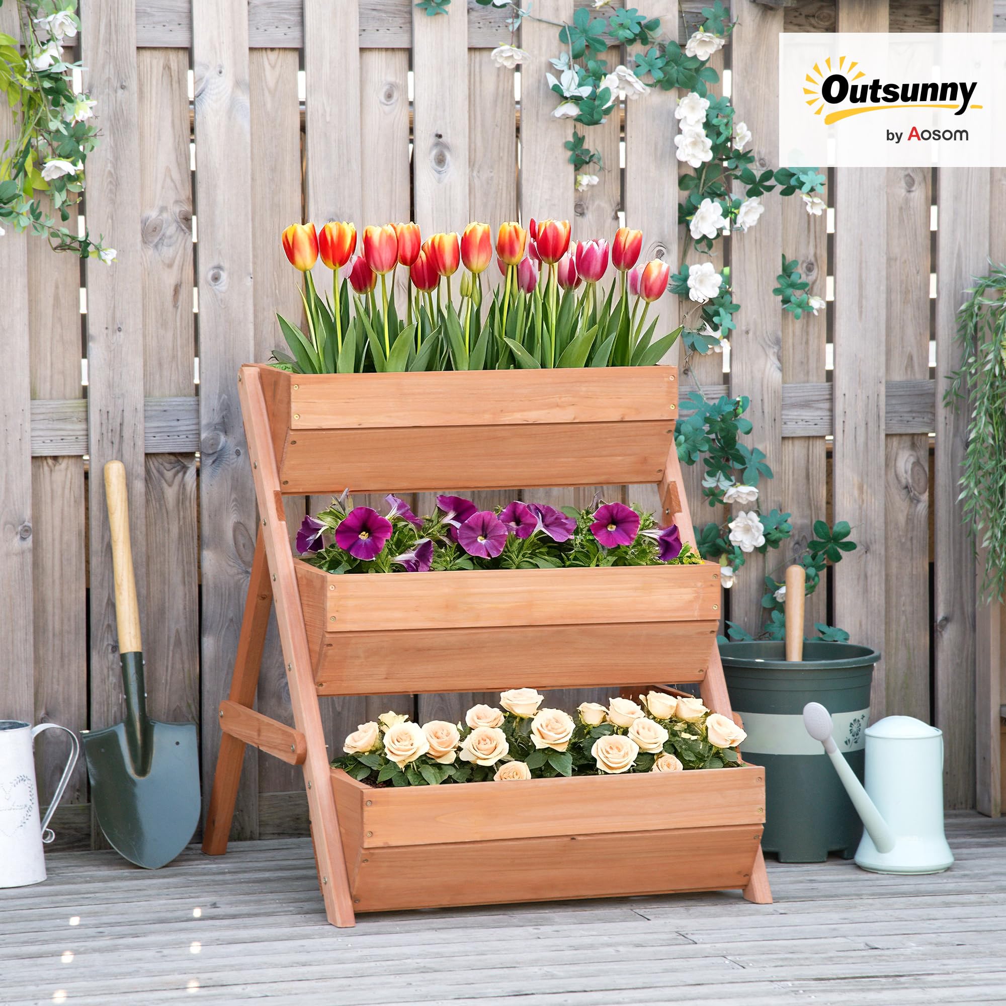 Outsunny Vertikales Hochbeet mit 3 Etagen aus Holz 65 x 75 x 76 cm Braun | Vertikalbeet, Blumenkasten, 3 Pflanzkästen, Ablauflöcher, Blumenbeet, Kräuterbeet, Blumentreppe, Terrasse Balkon Garten
