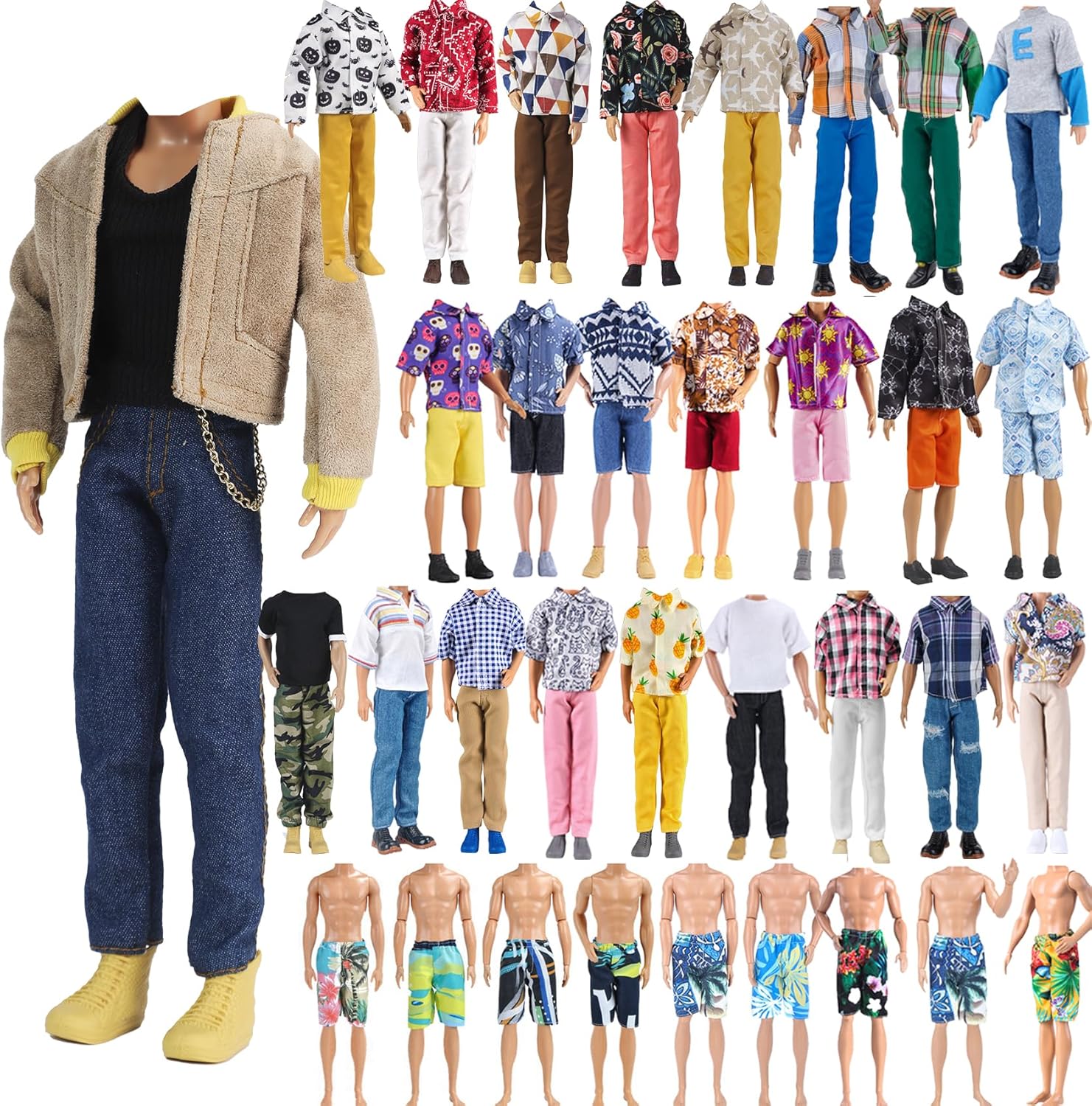 E-TING 10 Sets Casual Varsity Jacket Set= 5 Sets Casual Outfit for 12″ Boy Doll with 5 Pairs Shoes (Vintage Lightweight Suede Bomber Jackets+ Casual Wear Clothes )