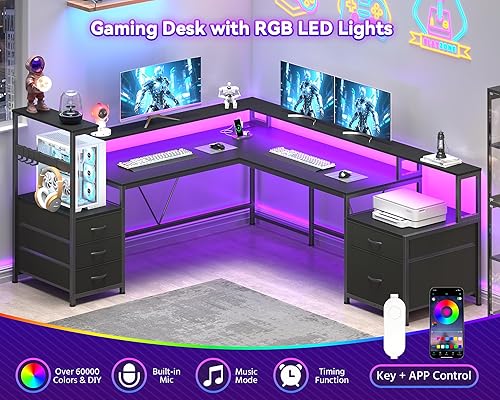 Miniatura 6 de Escritorio para juegos en forma de L de 67 pulgadas con luces LED y tomacorrientes, escritorio reversible en forma de L con cajones y estantes de