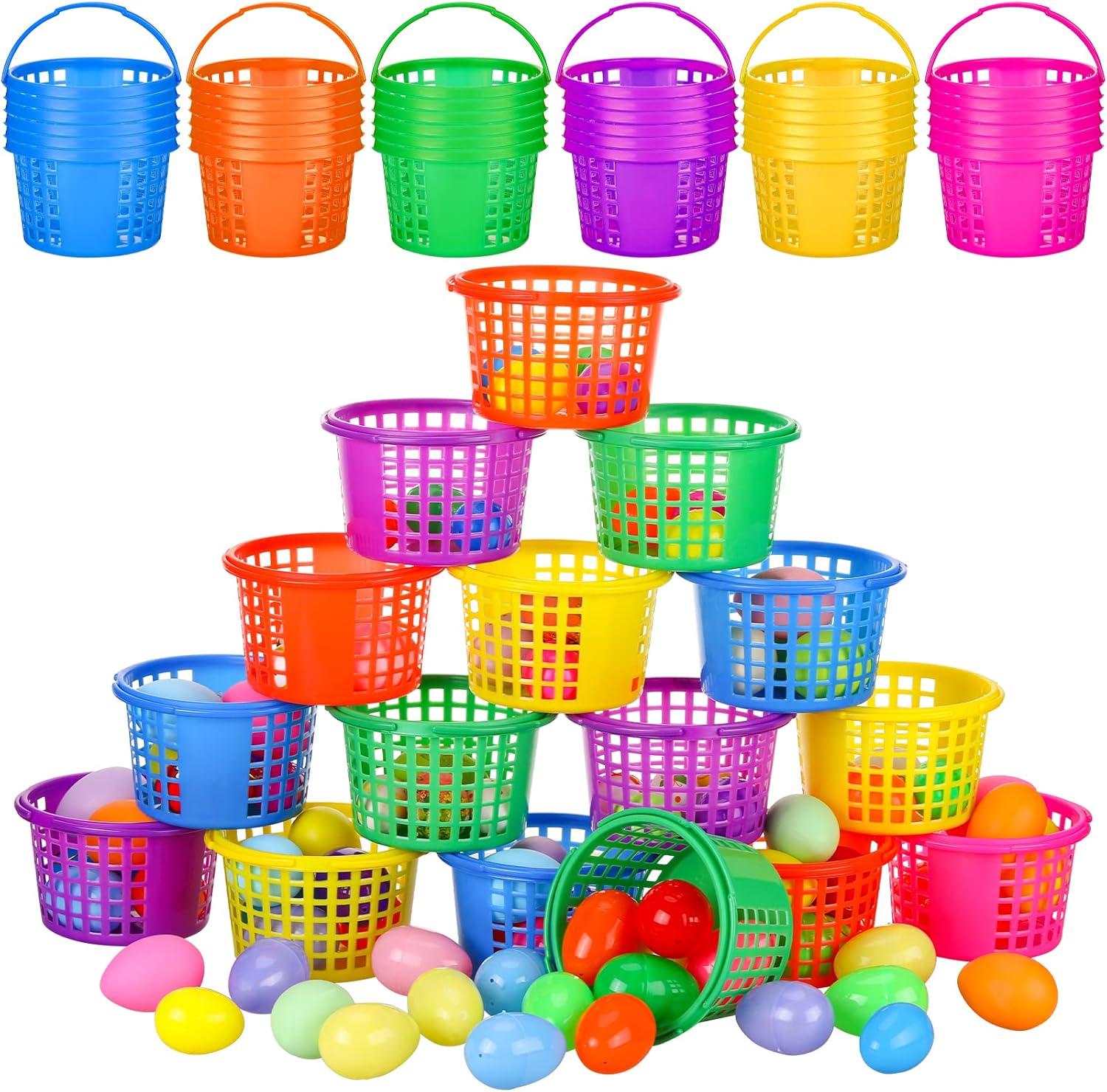 Karenhi 30 Pcs Easter Baskets Bulk for Kids 6.5" x 6.7" Small Mini Colorful Plastic Easter Buckets Basket with Handle for Kids Spring Eggs Hunts Party Favor Gifts