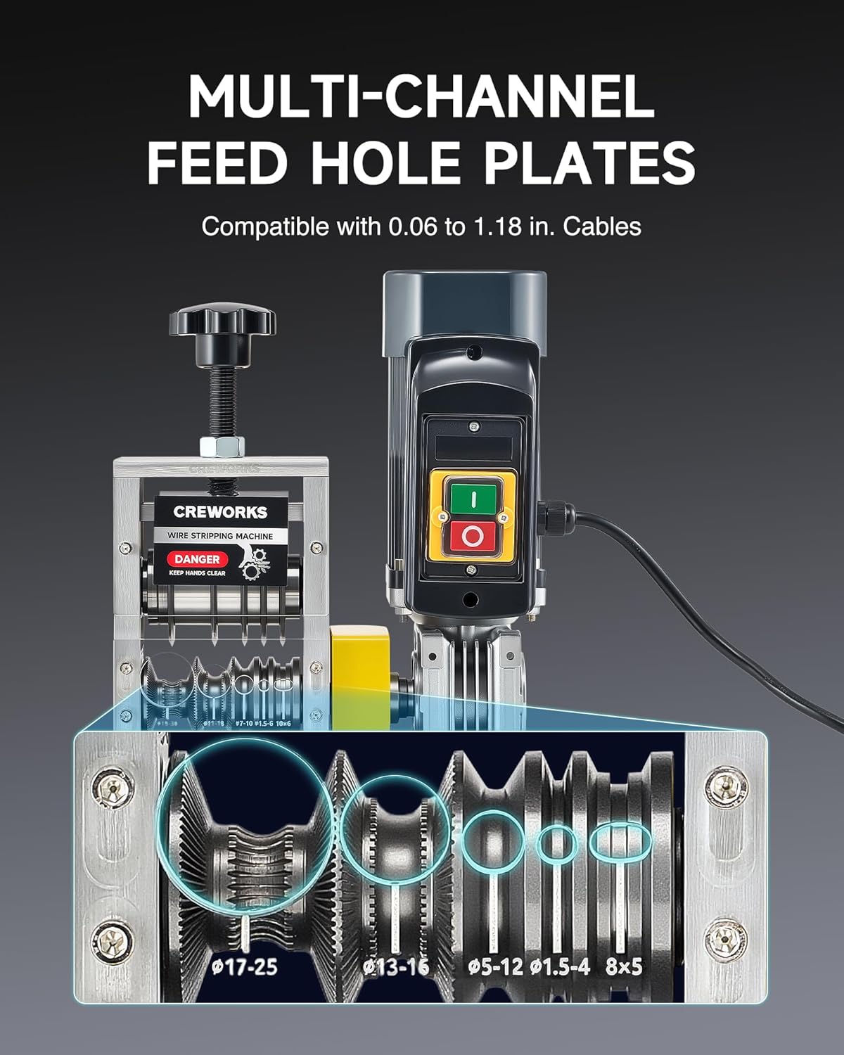 CREWORKS 180W Motor Automatic Wire Stripper Machine, 5 Blade Electric Wire Stripping Machine for 0.06"-1.18" (1.5-30 mm) Scrap Wire with 2 Feed Plates Foot Pedal Switch Sharpening Rod