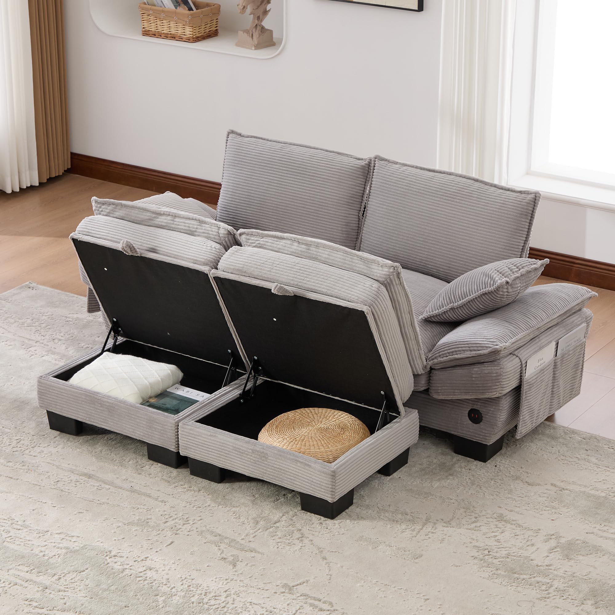 Modułowa sofa 2-osobowa z 2 taboretami, ergonomiczna szerokość siedziska z przyłączem C, sofa do salonu z bocznymi kieszeniami, do salonu, kolor jasnoszary
