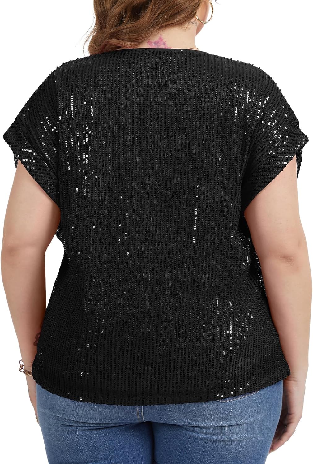 Women's Plus Size Sequin Top Short Batwing Sleeve V Neck Shirts Elegant Dressy Blouses Fully Lined Tunic Tops