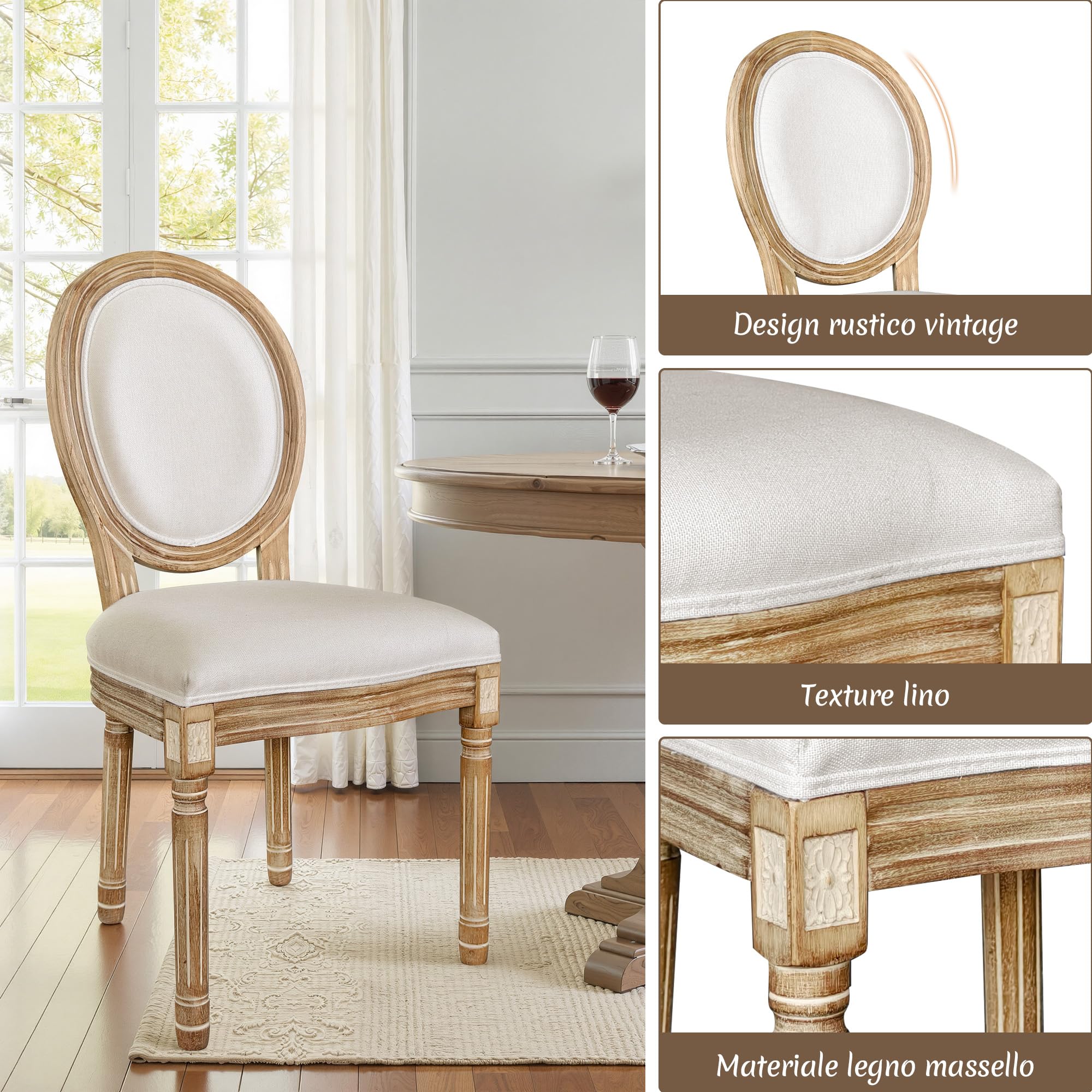 BonVache Set di 2 sedie da cucina in stile retrò, con schienale ovale classico, effetto lino e legno massiccio, spesse imbottite, per sala da pranzo, studio, soggiorno, bianco gesso