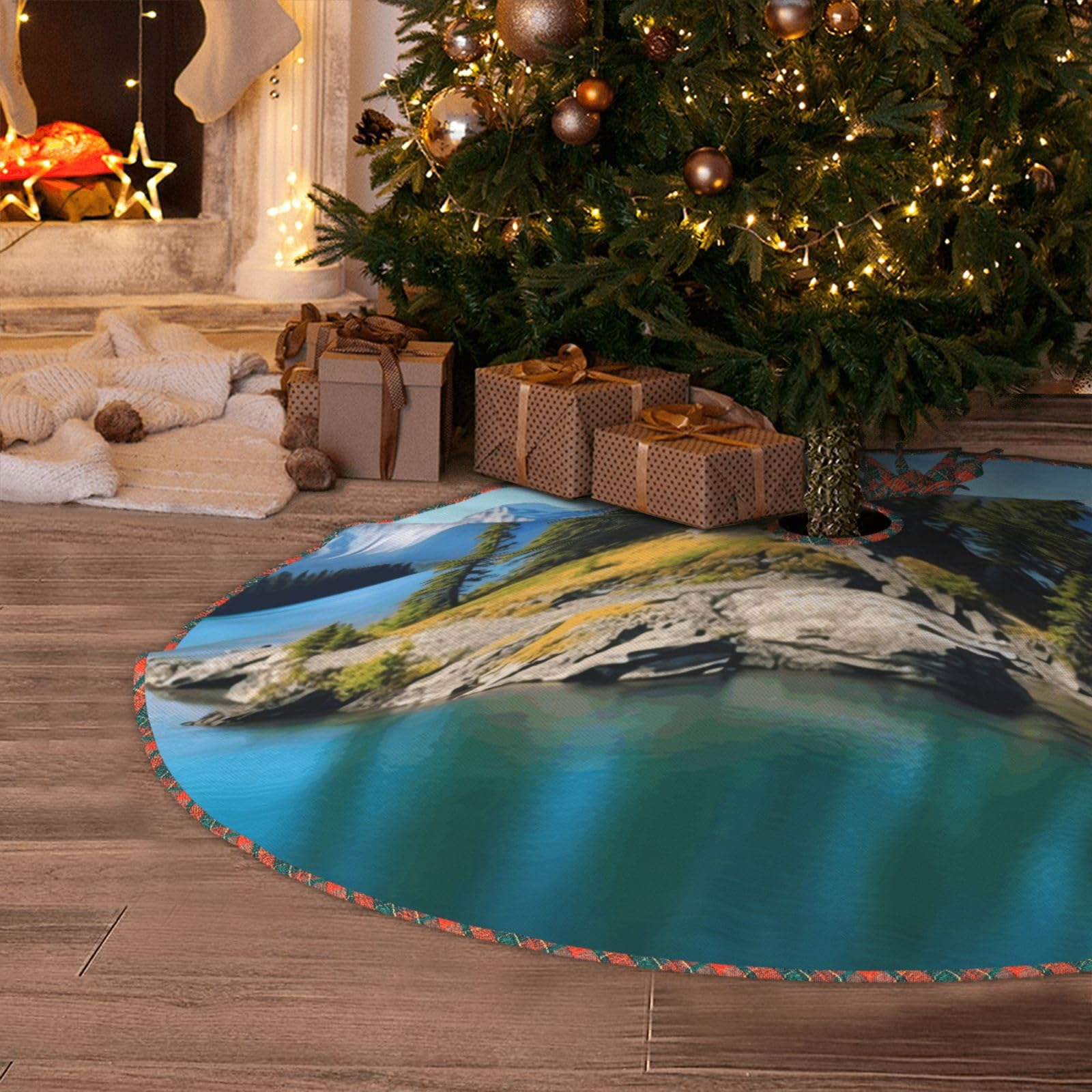 Spirit Island in Lake Christmas Tree Skirt 48" Artificial Tree Mat Cover Merry Christmas Burlap Xmas Tree Skirt for Christmas Decoration Holiday Indoor Outdoor Winter Party Decor