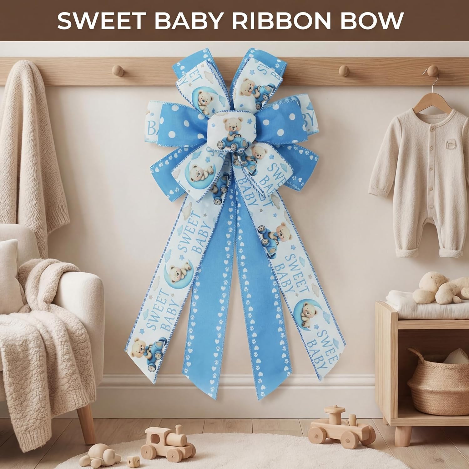 Bear Blue Baby Shower Wired Edge Fabric Ribbon, 4 Rolls, 2.5Inch X 20 Yards Paw Heart for Baby Shower, Gift Wrapping, Wreath Bows & DIY Crafts