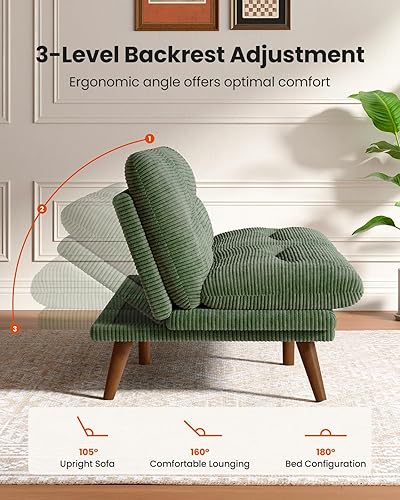 Miniatura 5 de Sofá cama futón de 75 pulgadas, futón 3 en 1 con respaldo y reposabrazos ajustables, sofá cama convertible de pana, reclinable plegable con cojín