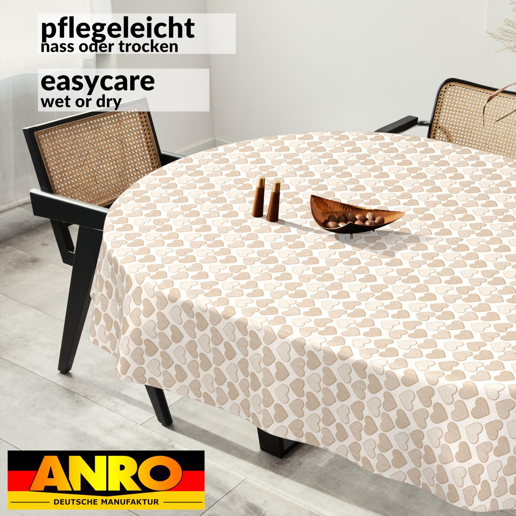 ANRO Oilcloth Tablecloth, Washable, Oilcloth, Garden Tablecloth, Outdoor, Indoor, Oval, 180 x 140 cm, Cut Edge, Heart, Beige - Image 4