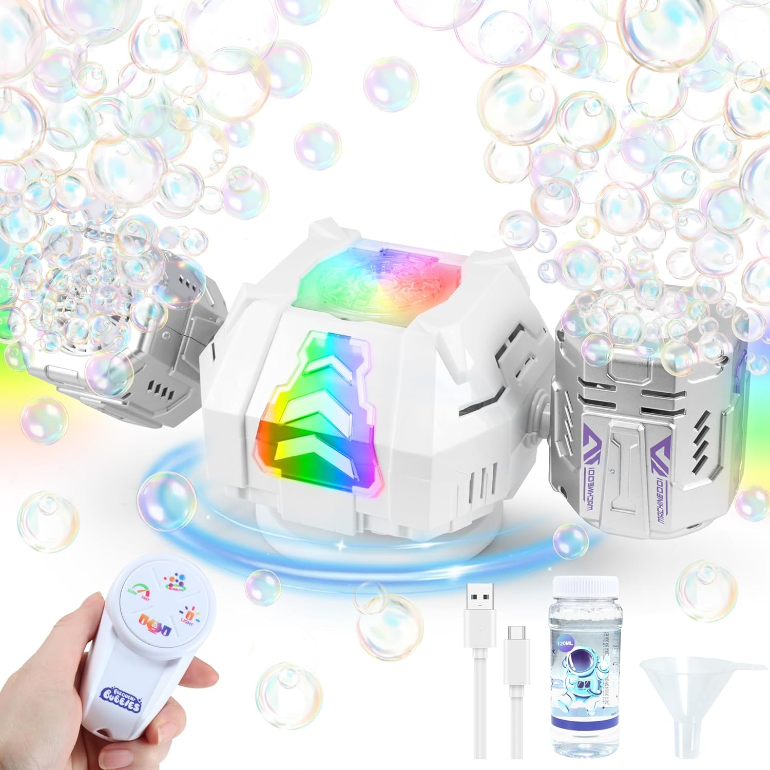 New RC Bubble Machine with RGB Lights, 360° Auto Rotation Bubbles Toy, Rechargeable Battery, Bubble Blower Maker for Kids, Parties, Birthday Gift, Weddings, Indoor Outdoor Activity, Silver-Purple
