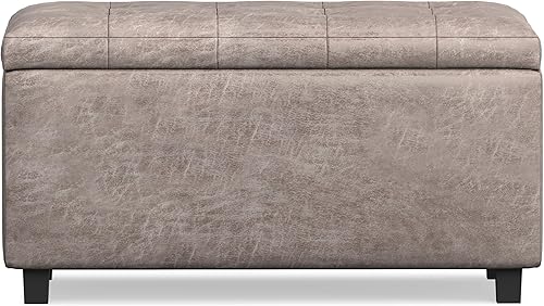 Miniatura 6 de SIMPLIHOME Cosmopolitan - Otomana rectangular de almacenamiento de 34 pulgadas de ancho en piel sintética tapizada de color gris pardo desgastado