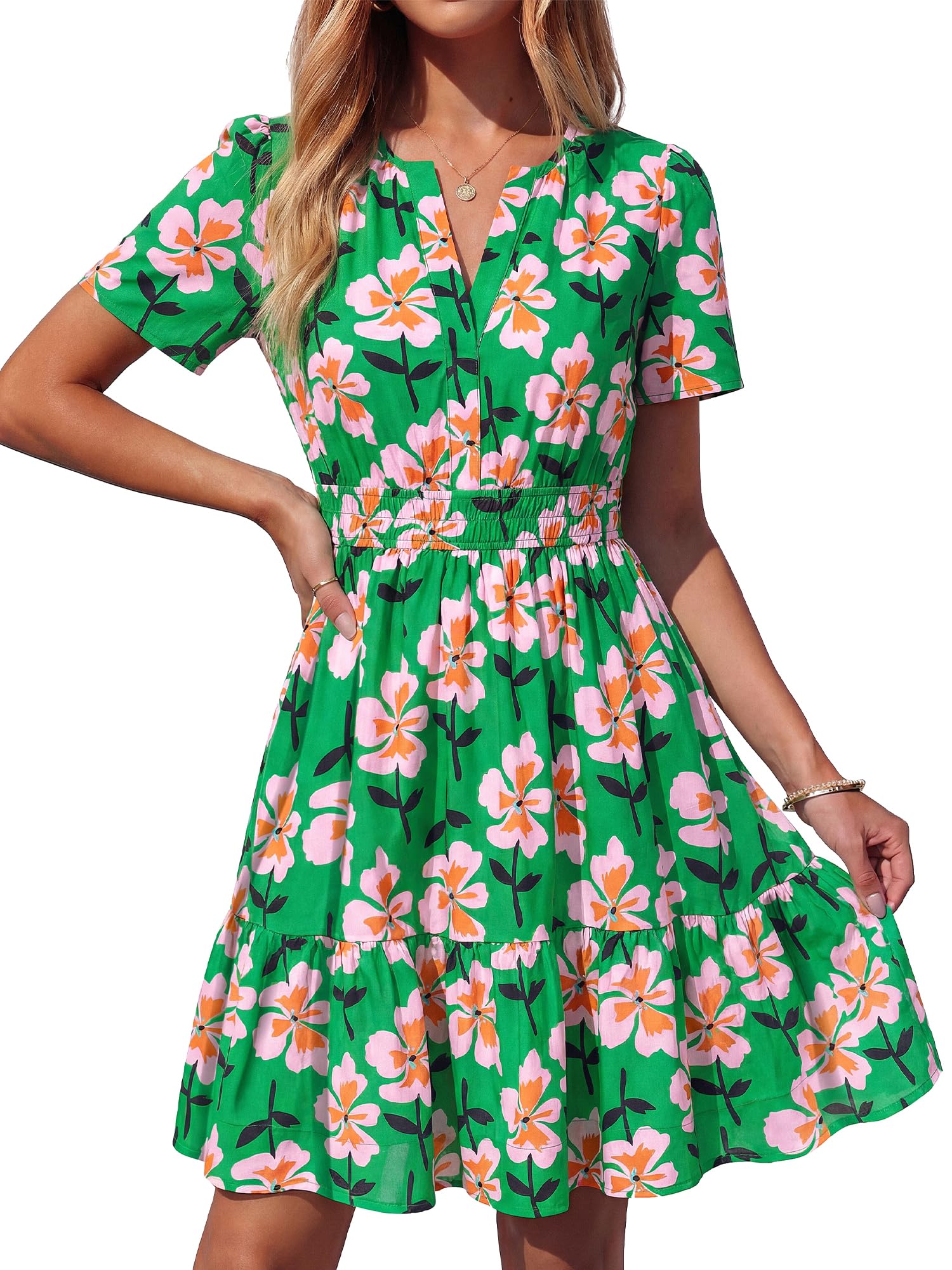 BTFBM Summer Dresses for Women 2026 Lightweight Casual Short Sleeve Floral Mini Dress A Line Beach Vacation Sundress Green Pink Flower X-Large