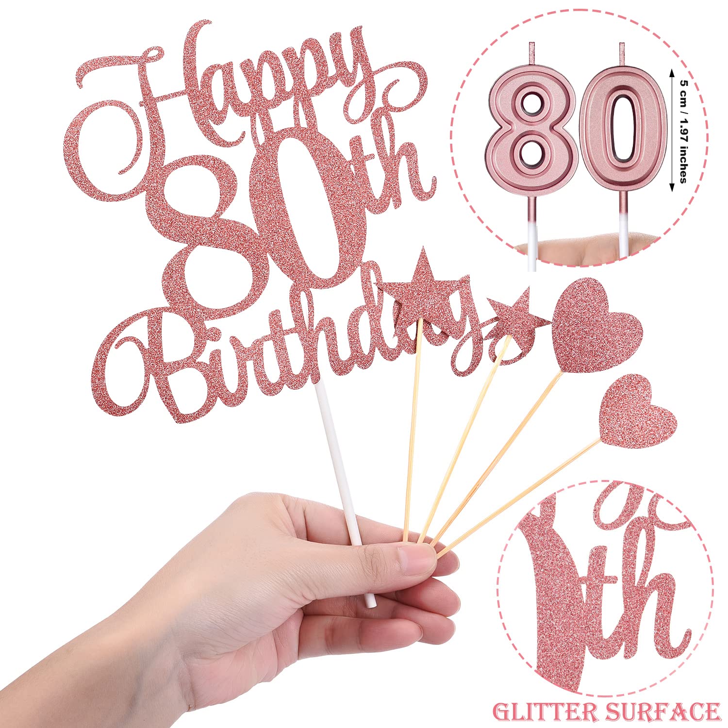 80th Birthday Cake Decorations Set Include 80th Birthday Candles Numeral 80 Cake Candles and Happy 80th Birthday Cake Toppers with Heart Star Cupcake Picks for Birthday Party (Rose Gold Series)