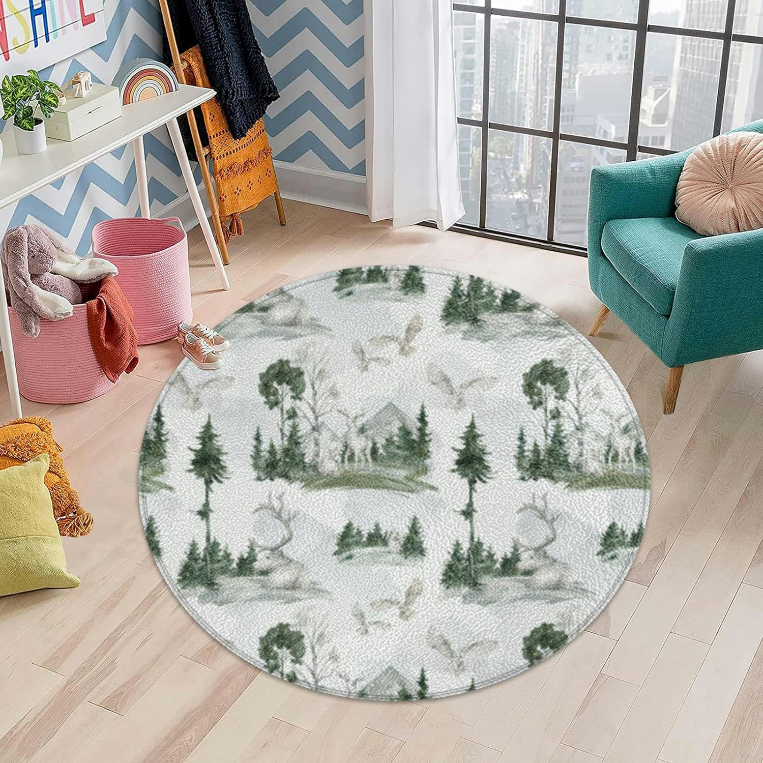 Small Round Rug 3ft Circular Circle Rugs Round Bathroom Entryway Bedroom Kitchen Washable Area Rug Carpet 3 Feet Watercolor Winter Landscape White