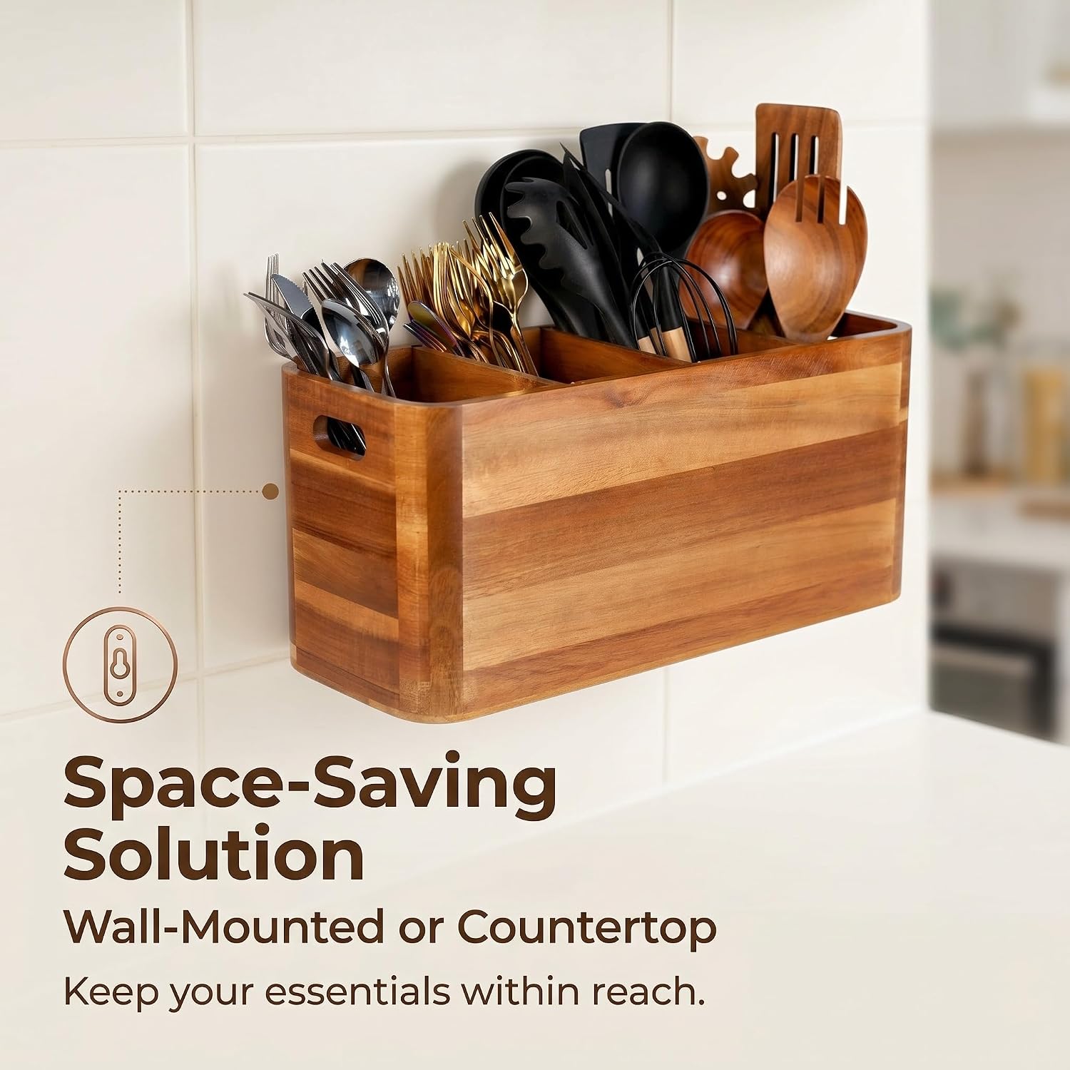 FUSHITON Extra Large Acacia Wood Utensil Caddy, 4 Compartment Rustic Countertop Organizer for Cooking Tools, Silverware, Spatulas & Kitchen Gadgets Storage