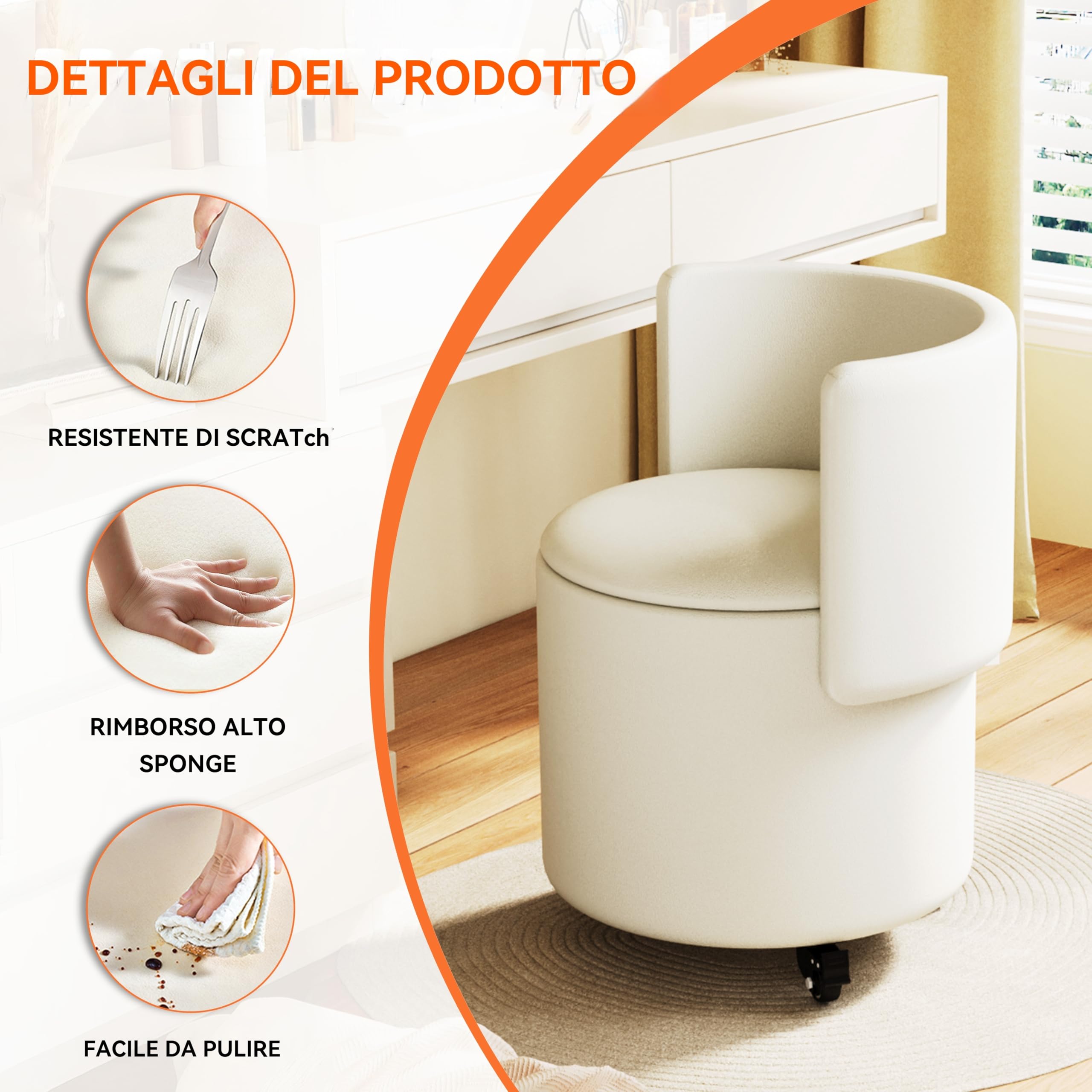 Sgabello da trucco rotondo con contenitore, girevole in pelle PU e schienale ribaltabile. Puffo imbottito con rotelle per camera da letto e soggiorno