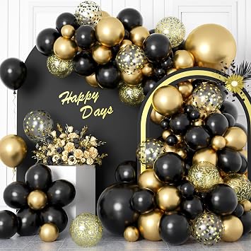 Black and Gold Balloons Garland Arch Kit, 122pcs 18/12/10/5 In Black Metallic Gold Confetti Latex Balloons for Birthday Wedding Baby Shower Graduation Bachelorette Party Decoration