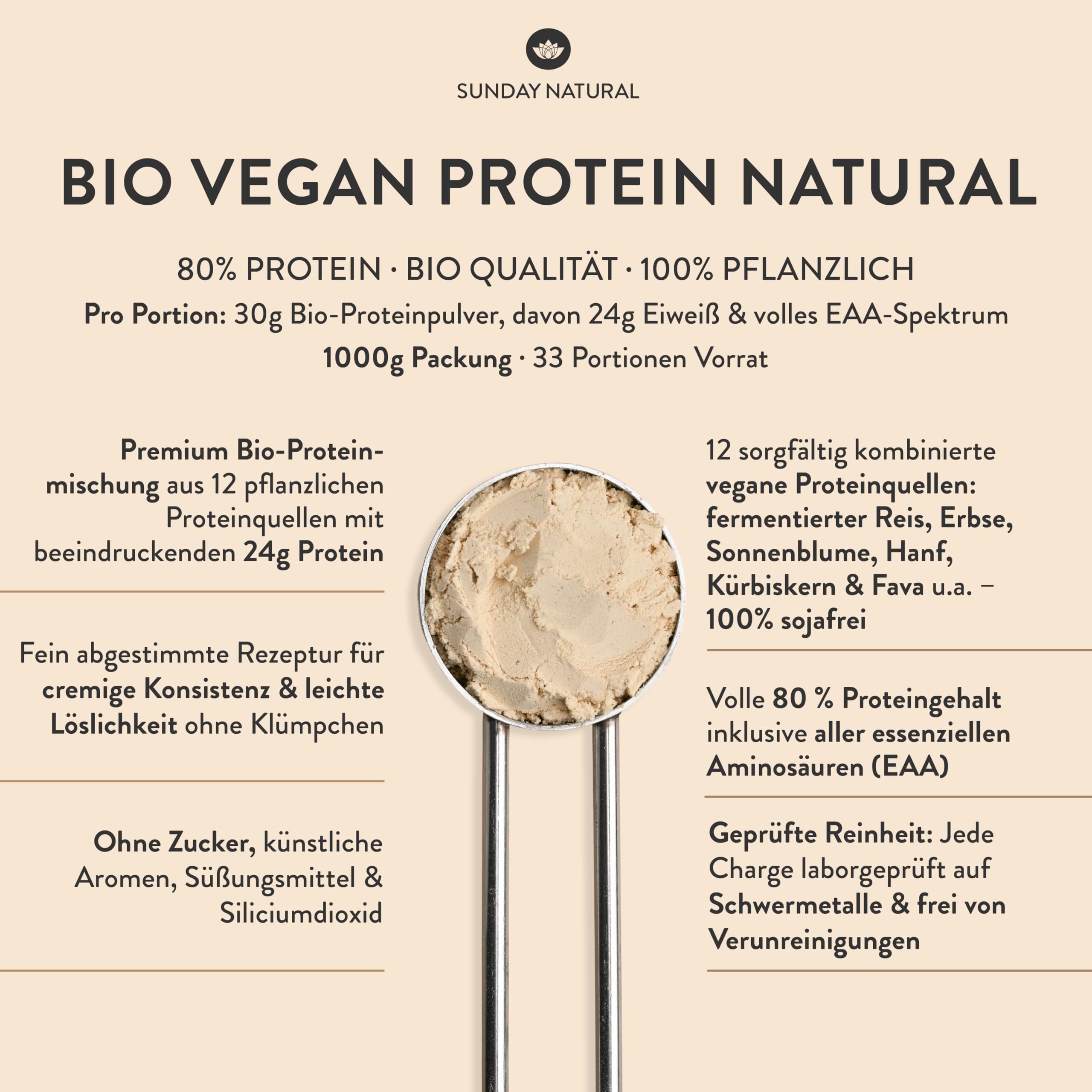 SUNDAY NATURAL® Bio Protein Pulver – 1000g – Veganes Eiweißpulver – 80% Eiweiss – 12K Proteinpulver Blend – Vollständiges EAA & BCAA Profil – Ohne Zucker & Süßstoffe – Vegan, Laborgeprüft - Natural