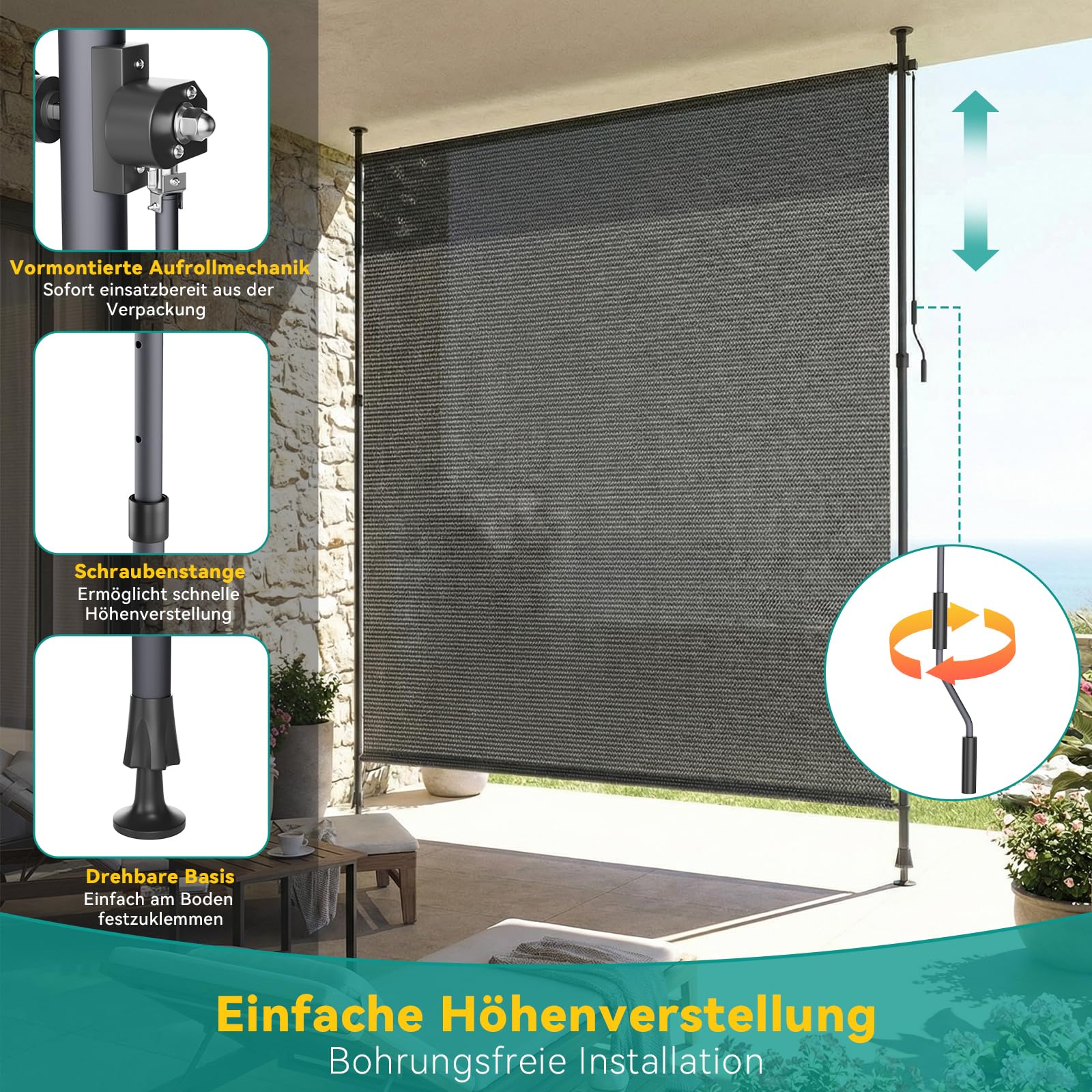 LIFERUN HDPE Klemmmarkise Senkrechtmarkise Außen 200×310cm, Balkon Sichtschutz ohne Bohren, ausziehbare Seitenmarkise, Sonnenschutz Windschutz Wasserfest,für Balkon Garten Terrasse,Grau,2 PCS Stangen