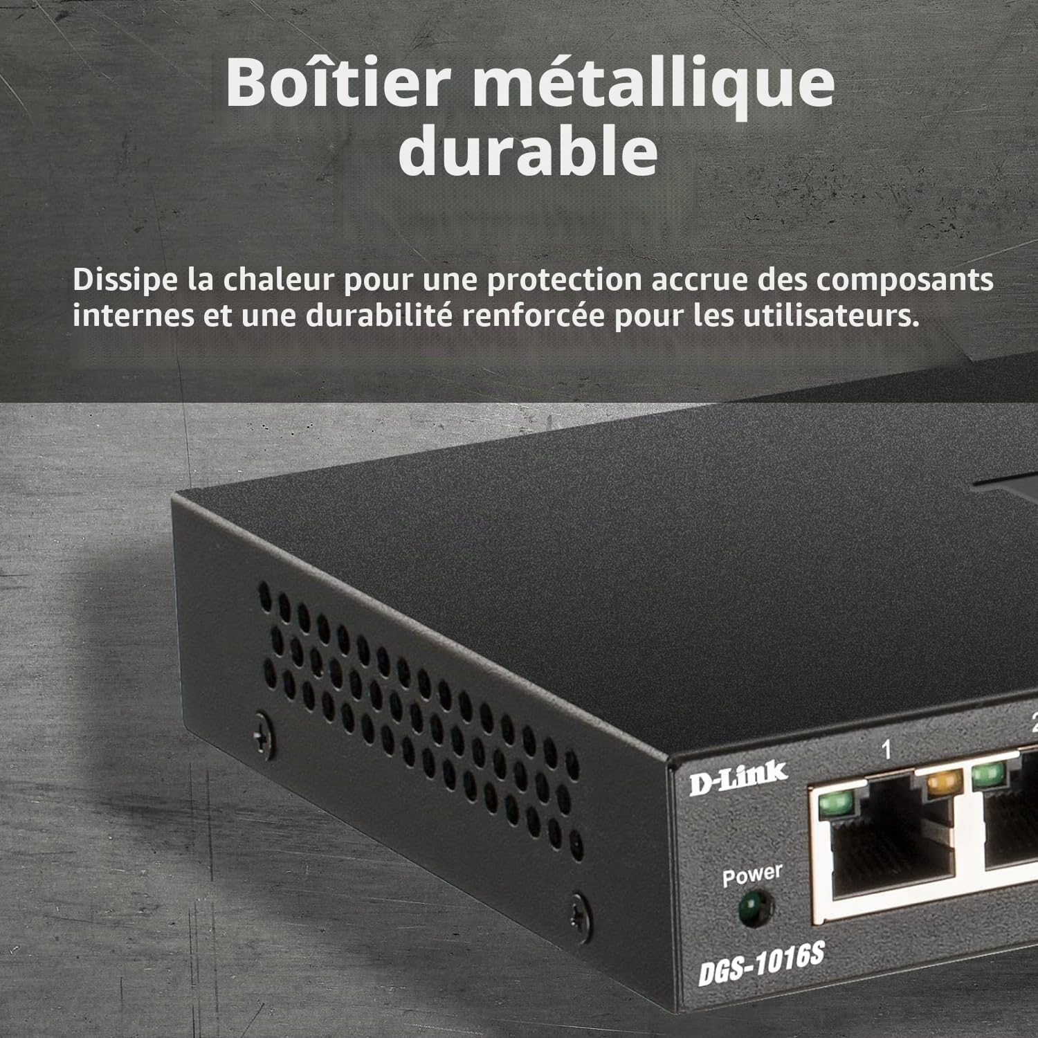 D-Link DGS-1016S Commutateur Gigabit Non géré à 16 Ports, sans Ventilateur, Profil Bas, boîtier en métal, Montage Mural/de Bureau, Plug-and-Play, QoS 802.1p, 802.3az EEE Noir DGS-1016S