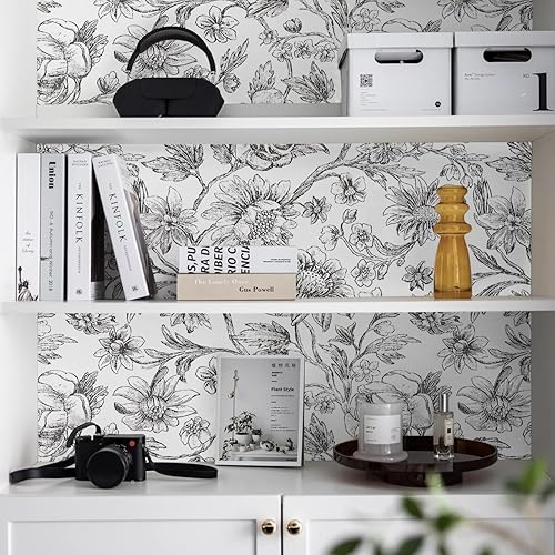 Miniatura 8 de Papel tapiz floral en blanco y negro, papel tapiz de contacto floral bohemio para despegar y pegar, papel tapiz de girasol, autoadhesivo, extraíble,