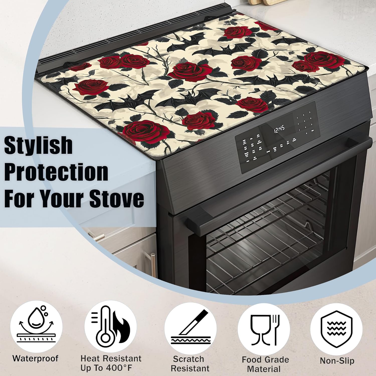 Gothic Bat Stove Top Covers for Electric Stove,Retro Rose Flower Glass Top Stove Cover, Heat Resistant Range Covers for Electric Stove,Washable Countertop Mat, 28 x 20 Inch