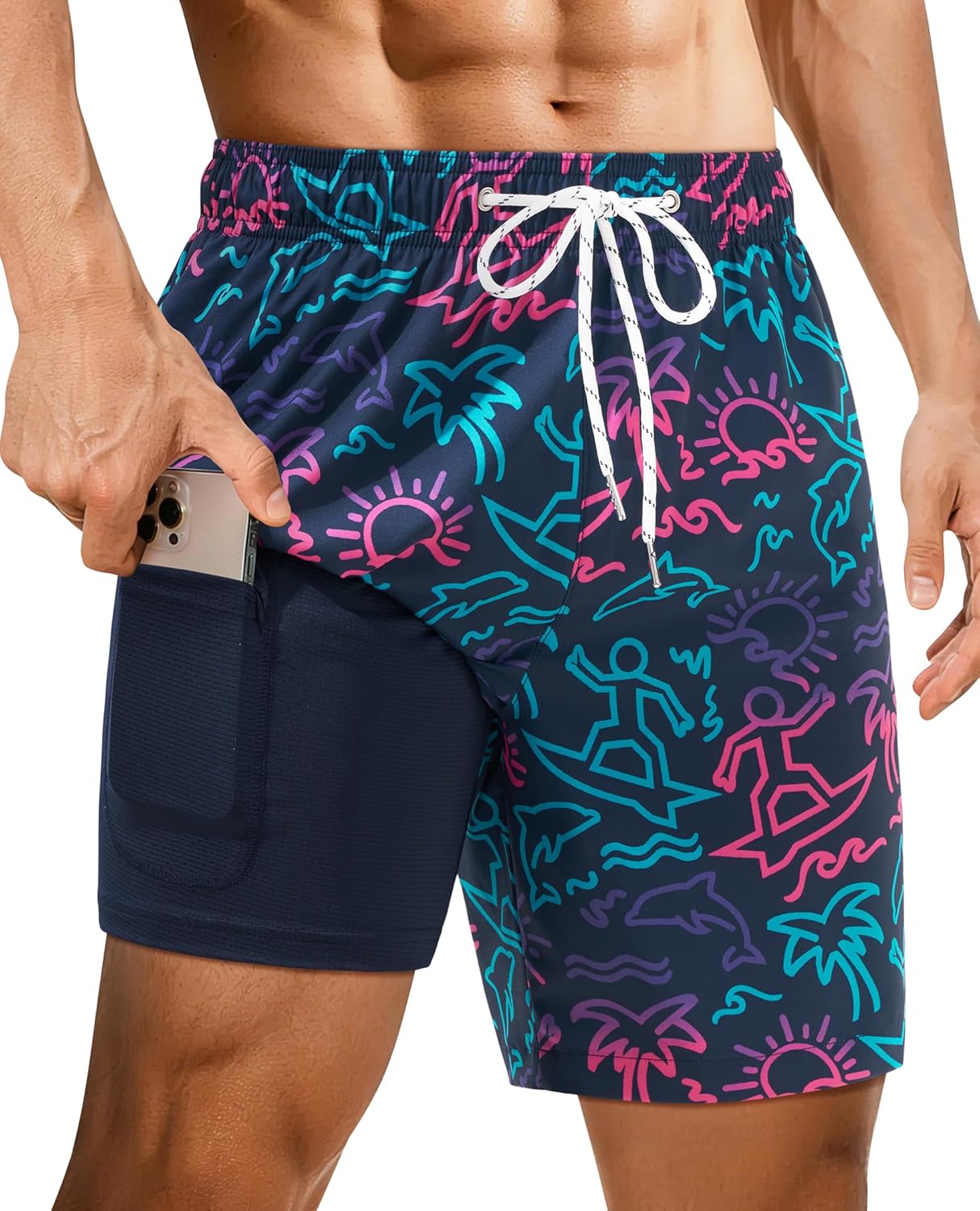 7inch Mens Swim Trunks with Compression Liner Mens Bathing Suit Zipper Pocket Quick Dry Stretch Palm Tree Leaf 2in1