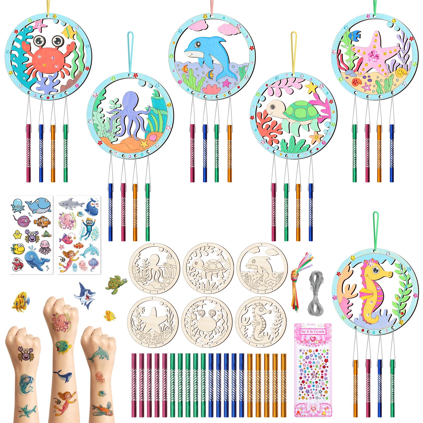 12Pack Wind Chime Kit for Kids Make Your Own Ocean Animals Wind Chime DIY Coloring Wood Crafts Summer Wooden Arts and Crafts Under Sea Ornaments for Boys Girls School Activities Party Decoration
